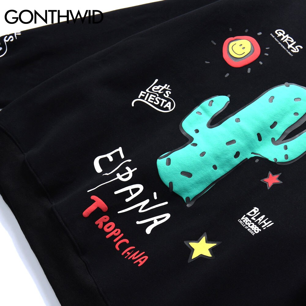 GONTHWID Graffiti Cactus Print Pullover Fleece Sweatshirts Hoodies Streetwear Casual Loose Hoodie Mens Winter Hip Hop Tops