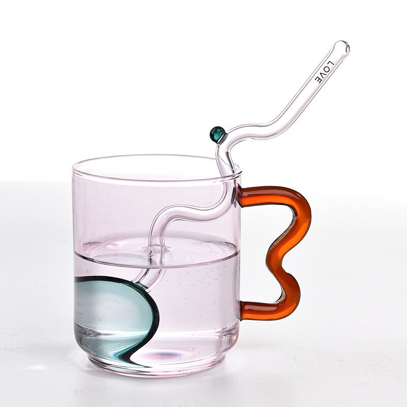 Tasse à café en verre coloré avec poignée d'oreille, tasse à expresso, pour jus de fruit, pour le bureau, pour le petit déjeuner, couleur contrastée,: Cup With Spoon A