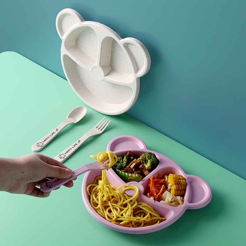 Assiette à grille en paille de blé pour enfants, vaisselle de table pour écoliers de maternelle, ensemble de 3 pièces