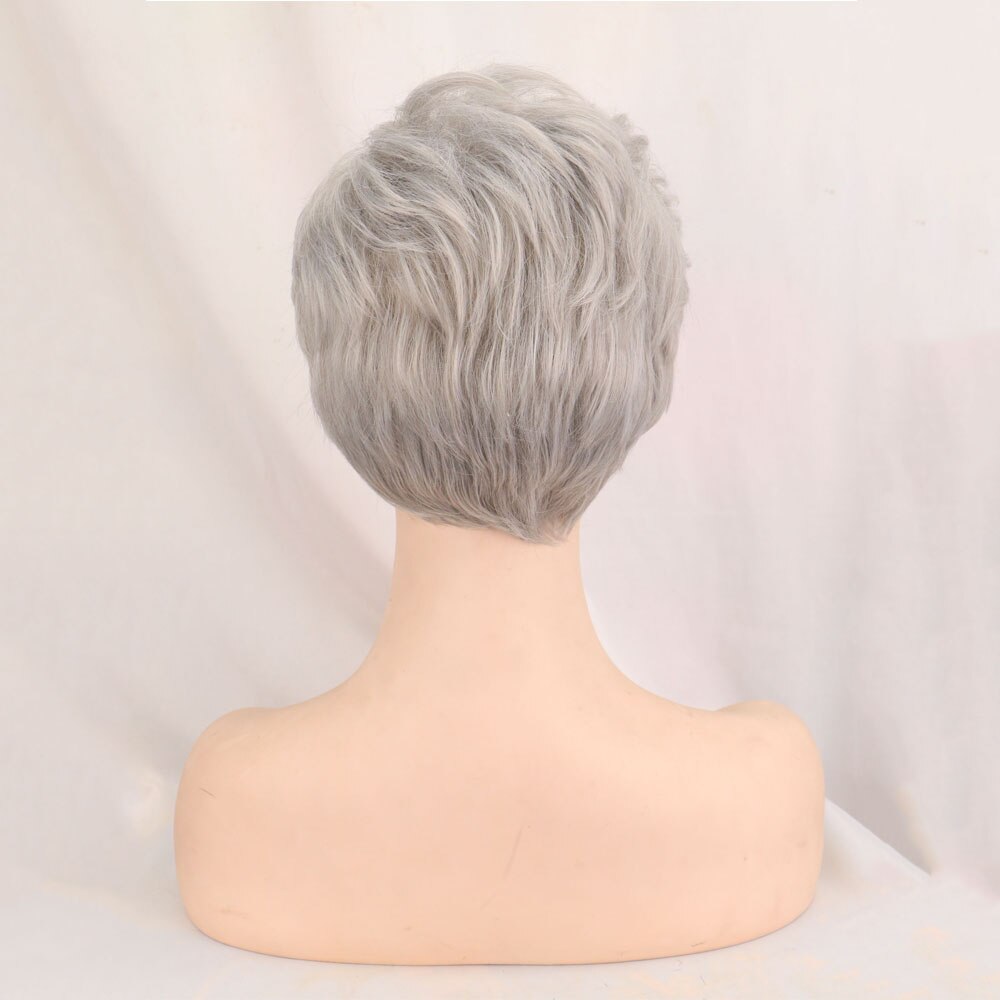 WHIMSICAL W Fluffy Wavy Short Wigs for white women sliver gray Synthetic Hair Multilayered Medium Elastic Breathable Wig Cap