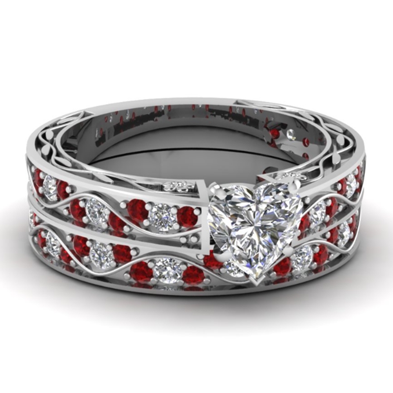 Anillos de pareja a la para mujer, conjunto de anillos CZ de cristal blanco con corazón, incrustaciones de madera roja, anillo de acero inoxidable para hombre, anillo de boda, de joyería