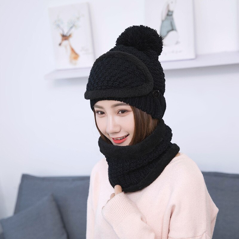 Håndstrikkede hatte kvinders hat vinterkold hatdragt koreansk varme hatte kombination: Sort