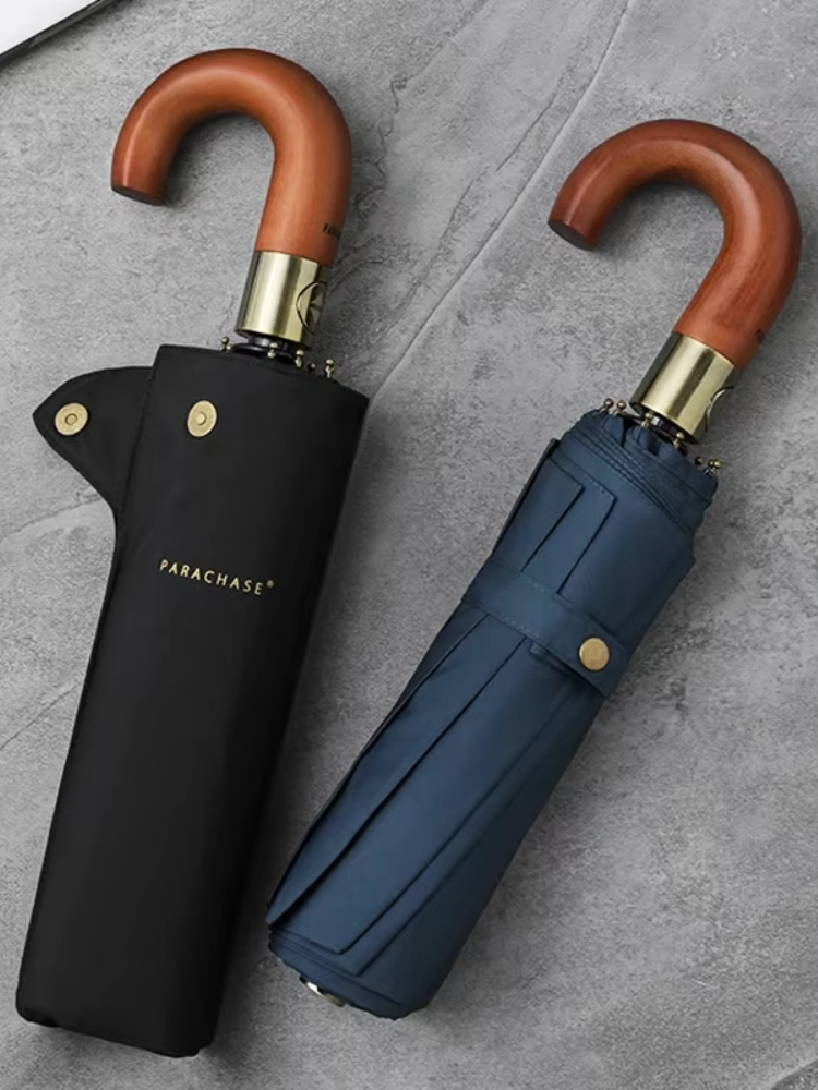 Parachase luxo guarda-chuva de madeira masculino estilo negócios dobrável guarda-chuva automático tamanho grande guarda-chuva golfe à prova vento forte 10 costelas