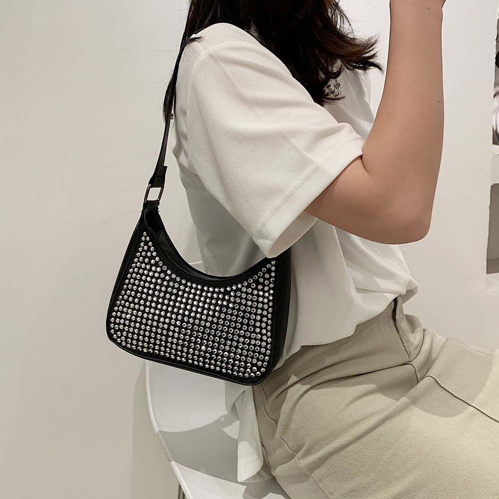 Women Rivet PU Leather Shoulder Bags Casual All-match Underarm Bags Ladies Small Hobos Handbags Mini Purse