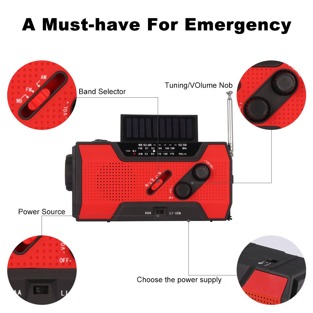 Manivela de mano Radio para Radio Meteorológica NOAA emergencia Solar manivela de mano autoalimentada batería 3AAA linterna 2000 mAh banco de energía