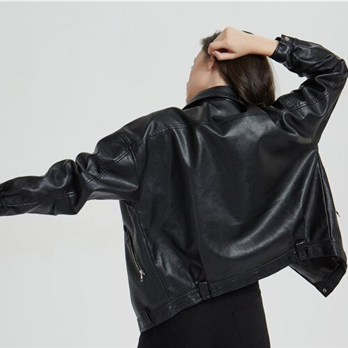 Long Sleeve Zip-up Jacket Female Autumn Leather Jacket Oversized Faux Leather Woman Coat