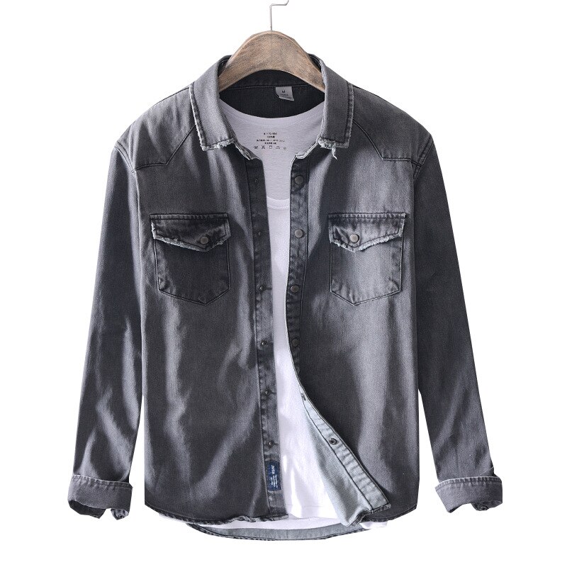 Menn uformelt denim skjorte slank bomull langermet vår solide myke topper herre grå denim skjorte chemise homme