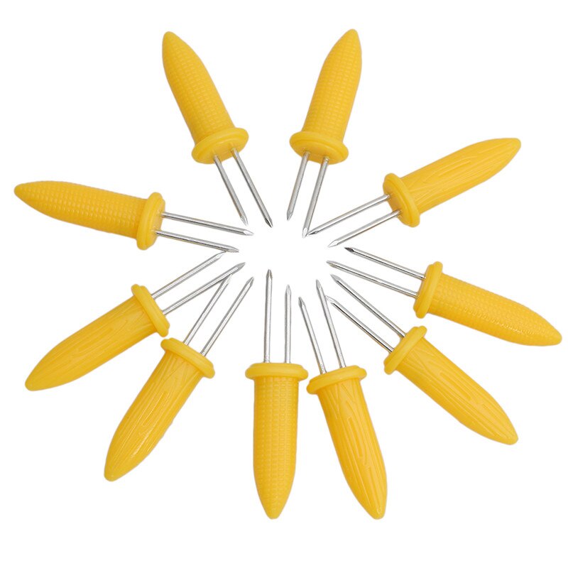10pcs/pack Twin Prong Skewers Barbecue Fork Fruit Corn Holder BBQ Fork Garpu Tool Yellow