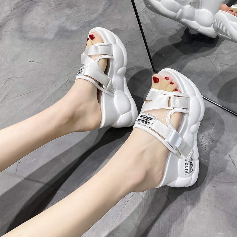 10cm/3.9 inch Height Wedge Slides Thick Bottom Sandals Chunky Shoes For Ladies Summer Outdoor Wear