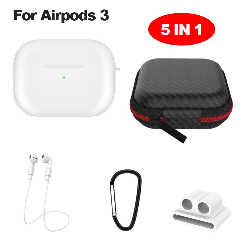 6 In-1 Case Lanyard Karabijnhaak Beschermhoes Voor Airpods 2 3 Hoofdtelefoon Siliconen Cover Voor Air Pods 2 3 Pro Case Accessoires Doos: clear for airpod 3