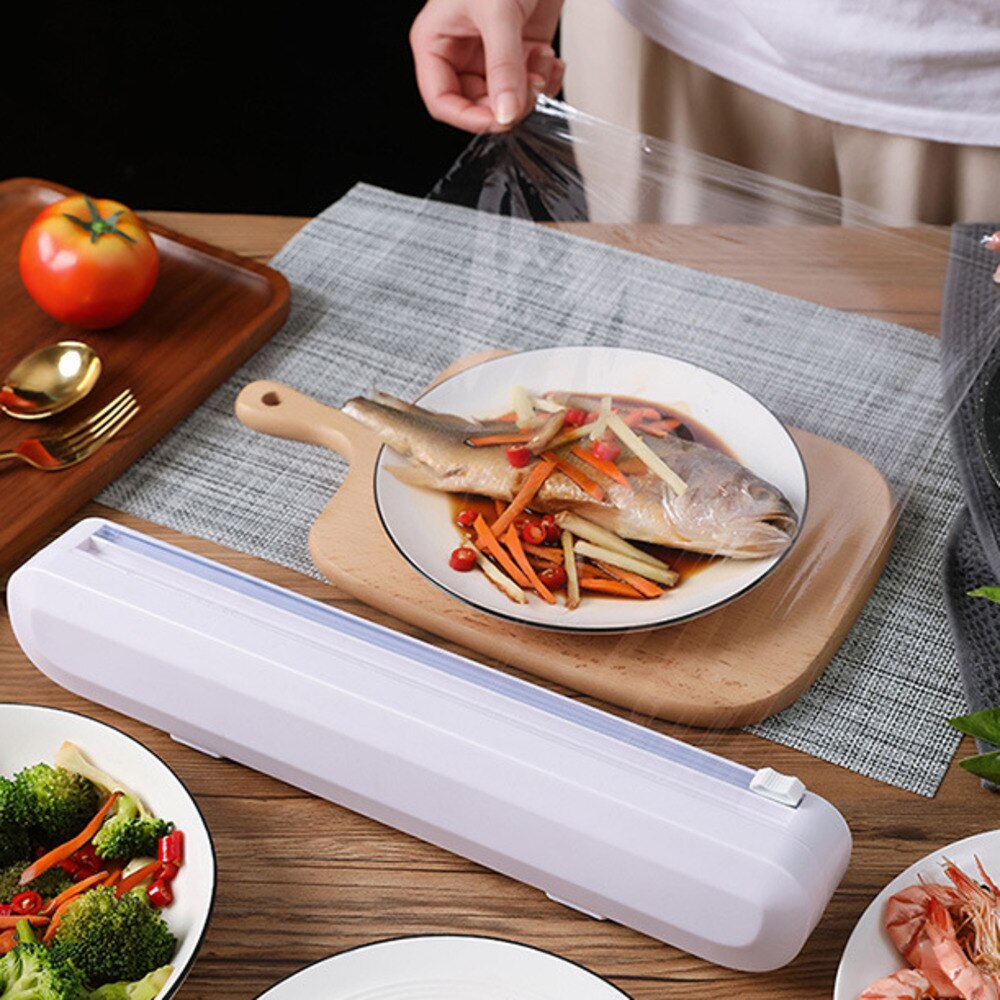 Kitchen Organizer Food Plastic Wrap Dispenser Wall Mounted Foil And Cling Film Dispenser Foil Cutter Wrapping Paper Storage