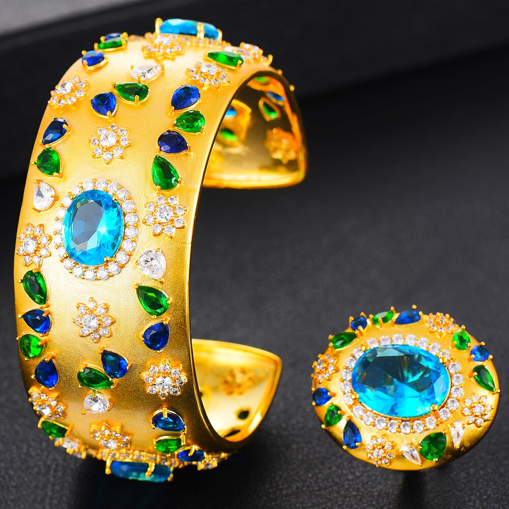 Godki big luxury 3pc armbånd ring øreringe sæt til kvinder bryllup brude cubic zirconia dubai fest smykker boho: 2pc blå sæt