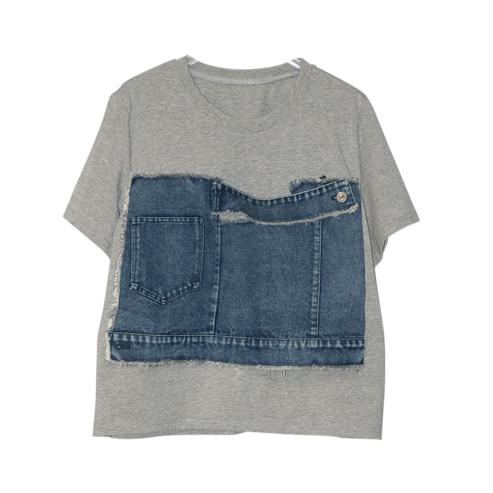 250301 Frauen Blau Denim Farbe-Block verlieren T-Shirt Neue O Hals Kurzarm Flut Frühling Sommer 2025,: Grau