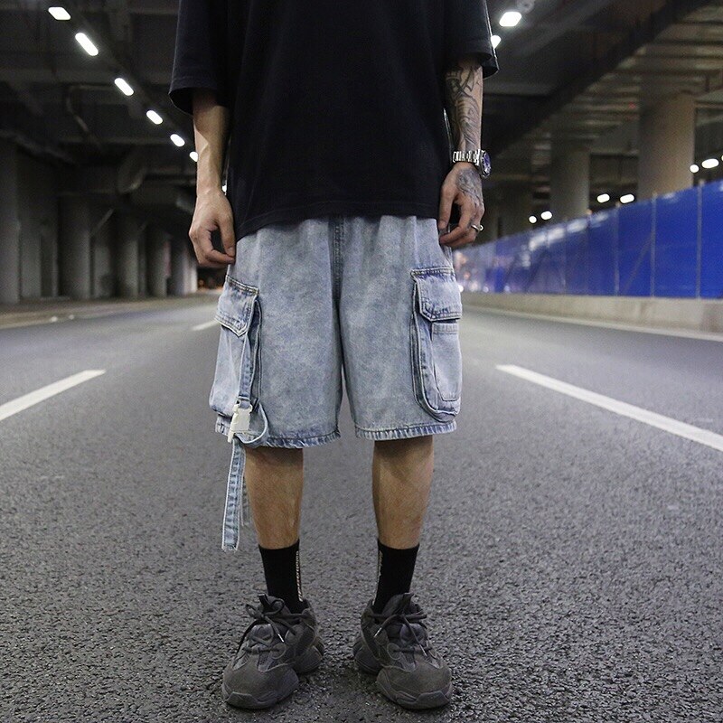 Men's Shorts Casual Denim Shorts Side Big Pockets Outdoor Hip Hop Zipper Loose Washed Short Pants Streetwear Shorts
