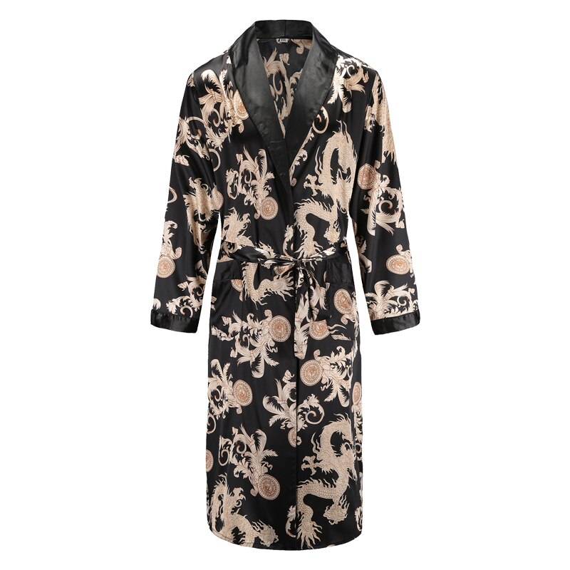 Mænd morgenkjole lange ærmer kimono badekåbe kjole silkeagtig satin drage print pyjamas nattøj nattøj kjole afslappet hjem
