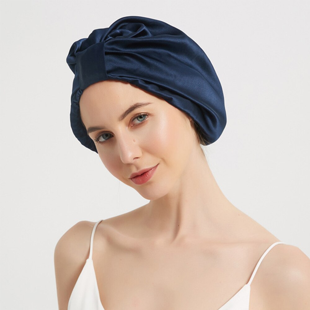 100% Mulberry Silk Sleeping Cap Night Silk Sleeping Bonnet Cover for Women with Elastic Ribbon for Hair Care Long Hair 19 Momme