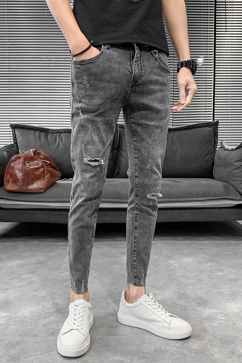 Sommer ripped jeans mænd slim fit tynde jeans til mænd koreanske simple streetwear hul herre jeans bukser 34