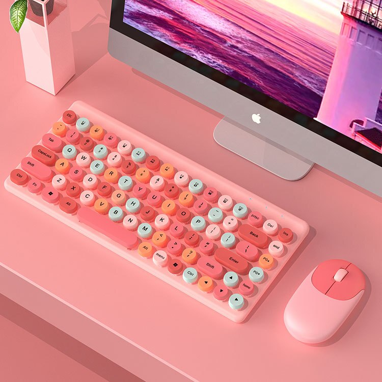 Cute Cherry Pink Multicolor Wireless Keyboard And Mouse Set Gaming Desk Setup Gamer Keyboard Waterproof Slim Keycaps Portable: pink