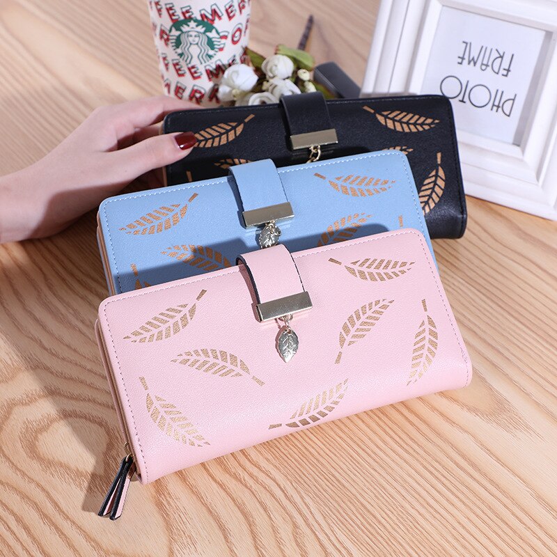 Koreanska kvinnors långa dubbelvikta löv plånbok plånbok clutch mobilväska kortfodral
