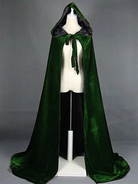 Hooded Cloak Long Velvet Cape Robe Green Black Red Halloween Carnival Purim Coats Medieval Witch Wicca Vampire Costume For Adult: XS（old） / green