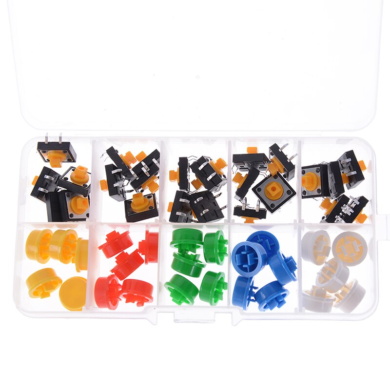 25PCS Tactile Push Button Switch Momentary 12*12*7.3MM Micro Switch Button + 25PCS Tact Cap(5 Colors)