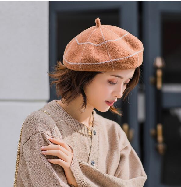 Boinas de invierno a cuadros para mujer Vintage de lana de punto sombreros femeninos estilo británico gorro de señora gorro de pintor sombreros de niña boina: caramel