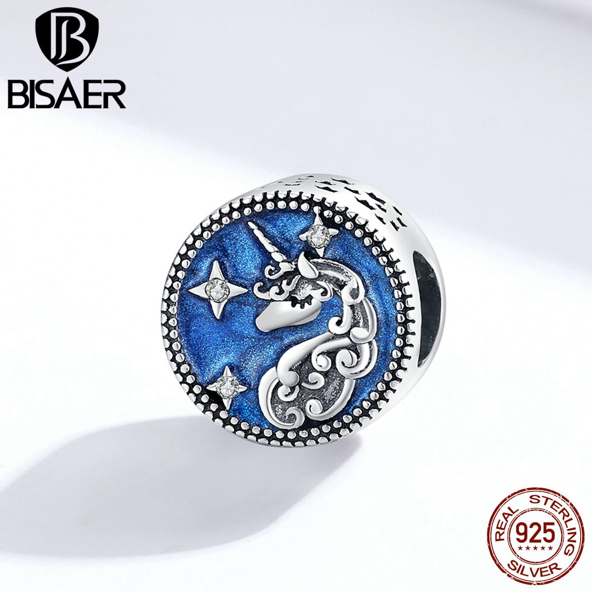 Unicorn Charms BISAER 925 Sterling Silver Blue Enamel Licorne Pave Beads Charms fit Original 925 Jewelry Making EFC230