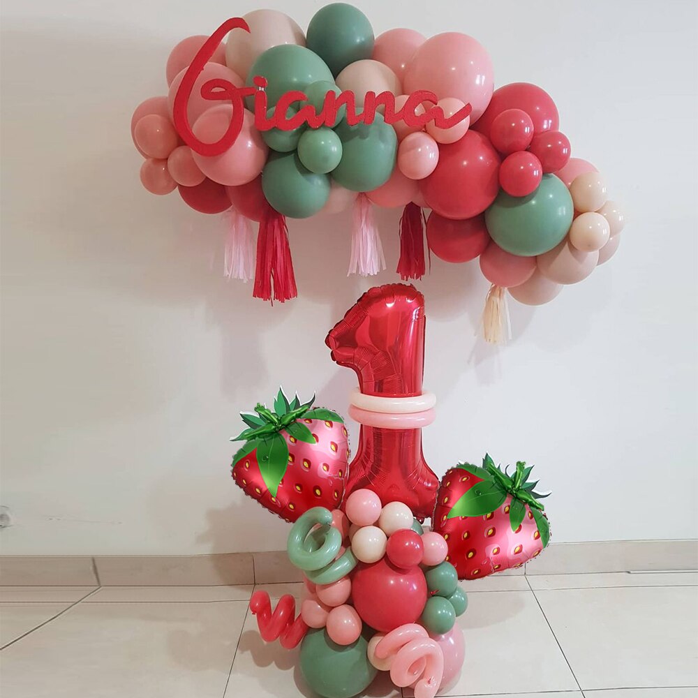 1set Strawberry Theme Aluminum Film Balloon 32Inch Red Number Balloons Garland Kit for Girl 1st Birthday Party Decroation Globos