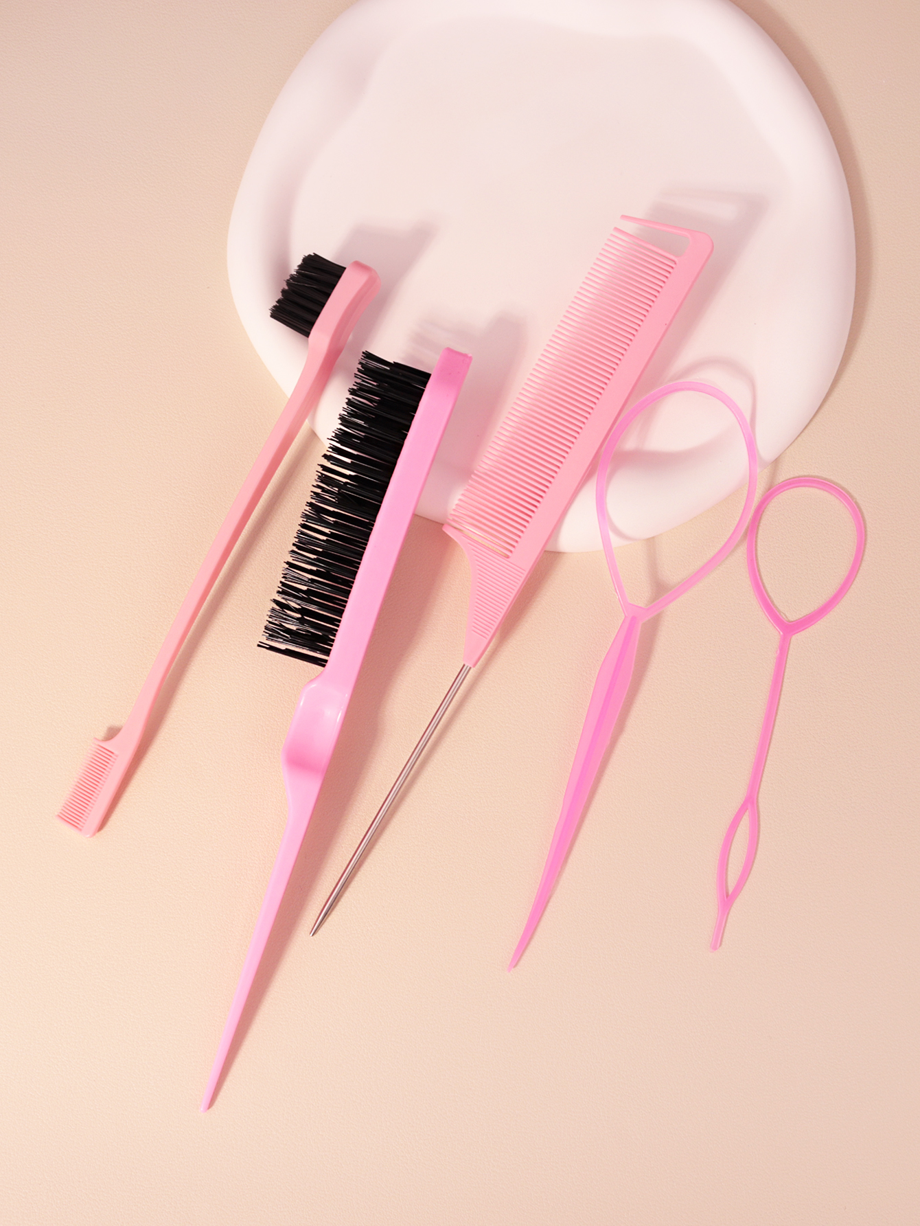 Haarborstel en vlechtenset, 5 stks/set, scheurkamborstel, randborstel, vlechtgereedschap, haarvlechtgereedschap, geschikt voor dames en heren: Roze