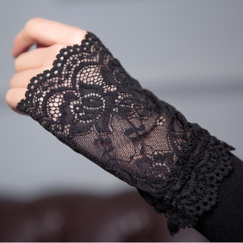 Calentadores de brazo de primavera y otoño para mujer, guantes largos sin dedos de algodón con encaje negro y manga de brazo AGB639A