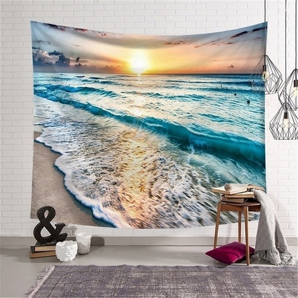 The Blue Sea Tapestry Classic Landscape Tapestry Sunset Beach Pattern Beach Ocean Wave Home Decor Tapestry Wall Decor Tapiz