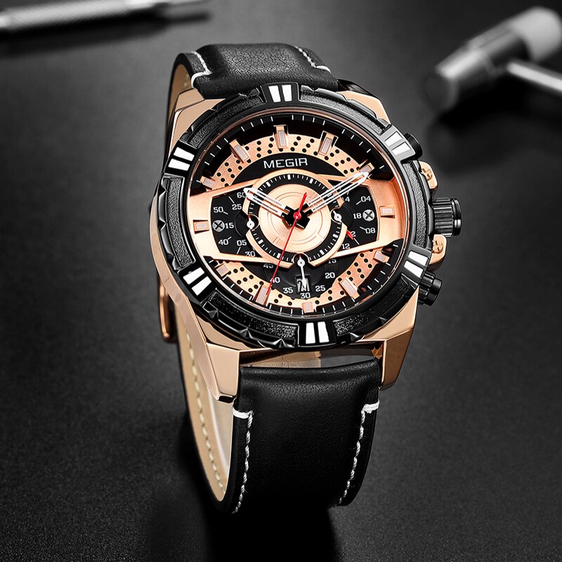 Nuevos relojes de lujosa para hombre, relojes deportivos con cronógrafo MEGIR para hombre, relojes de cuarzo de cuero a prueba de agua para hombre, reloj Masculino
