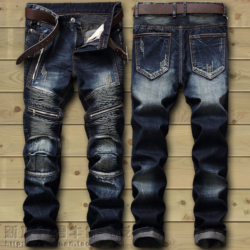 Biker Jeans Men's Distressed Stretch Ripped Biker Jeans Men Hip Hop Slim Fit Holes Punk Denim Jeans Cotton Pants