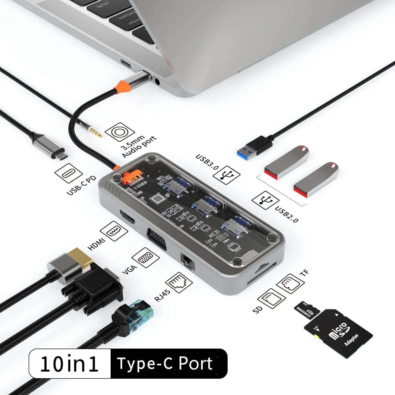 Usb c hub 10in1 HUB 4K30Hz Dock Station Type C to HDMI-Compatible PD100W RJ45 Ethernet for MacBook iPad Huawei Sumsang Phone: BROWN