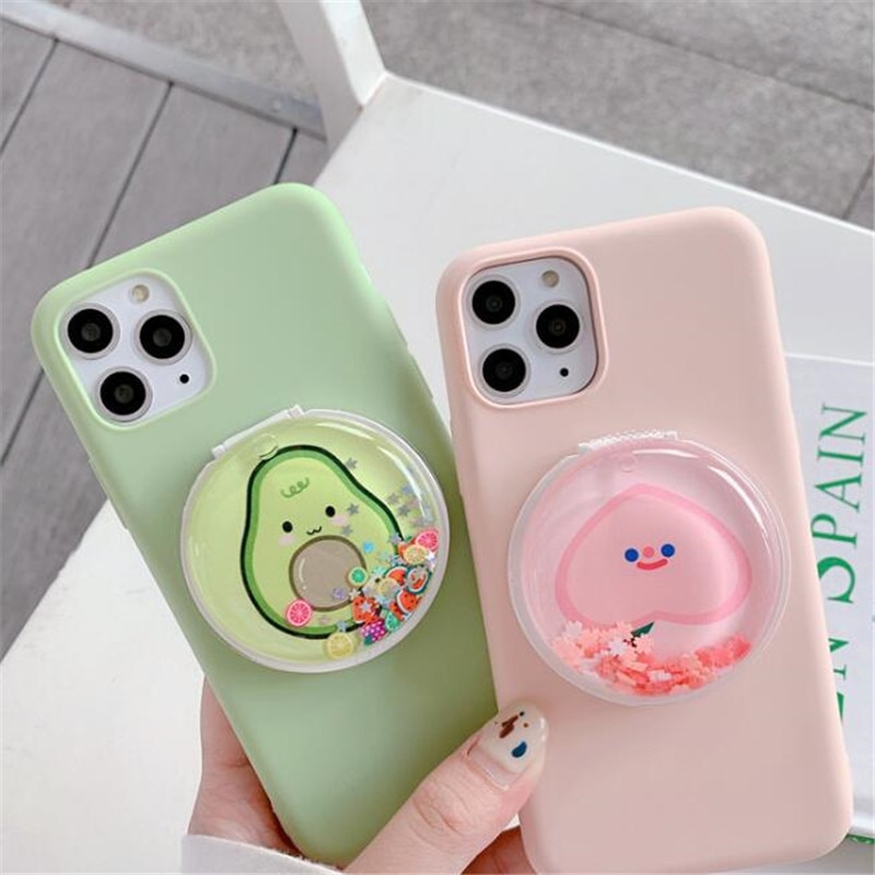 Phone Holder Fold Cartoon Fruits Quicksand Mirror Expanding Stand Love Heart Pocket Bracket For All Mobile Phone Holder Stand