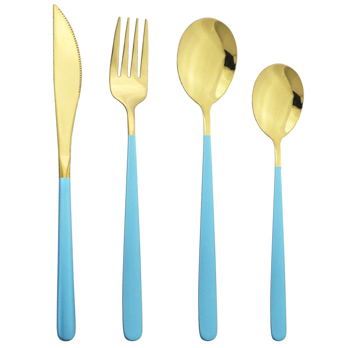 4 -delige paarsgouden serviesset, 18/10 roestvrijstalen besteksets, mes, vork, dessertlepels, bestekset, keukenserviesset: Blauw goud
