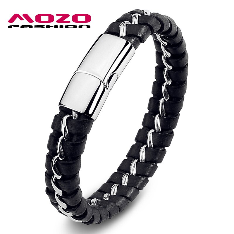 MOZO Neue Männer Charme Leder Armbänder Edelstahl Kette Armbänder Punk Felsen Männer modisch Schmuck: Schwarz