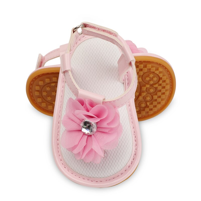 Sandales d'été pour bébés filles, chaussures en caoutchouc PU, semelle souple, bande de fleurs, parc, ramper, premiers pas, mignonnes