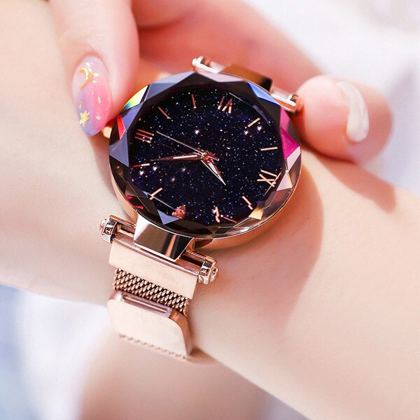 Reloj mujer luksus stjernehimmel kvinder ure magnetisk mesh bælte ur dame kjole armbåndsur zegarek damski: Rose guld