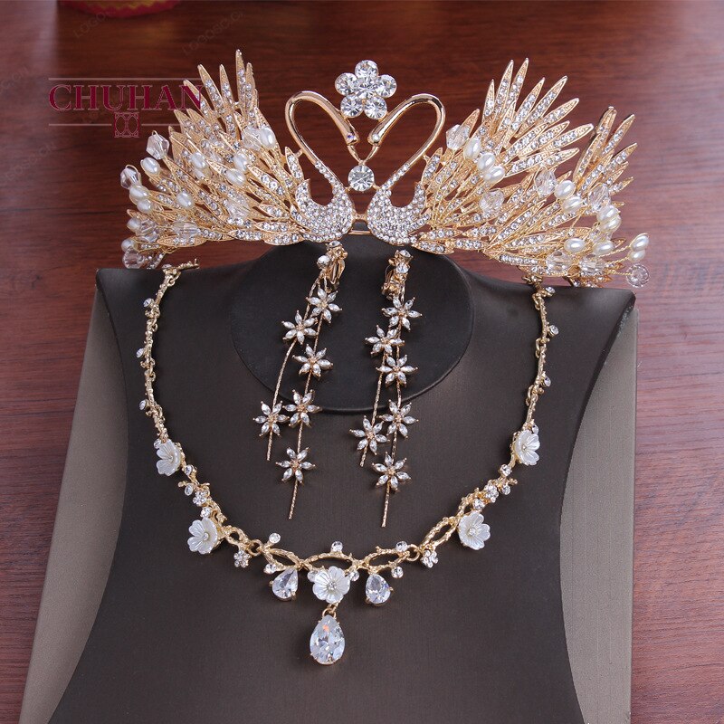 CHUHAN ensembles de bijoux de mariée coiffure accessoires de cheveux de mariage couronne collier boucles d'oreilles 3 pièces accessoires de mariage C357