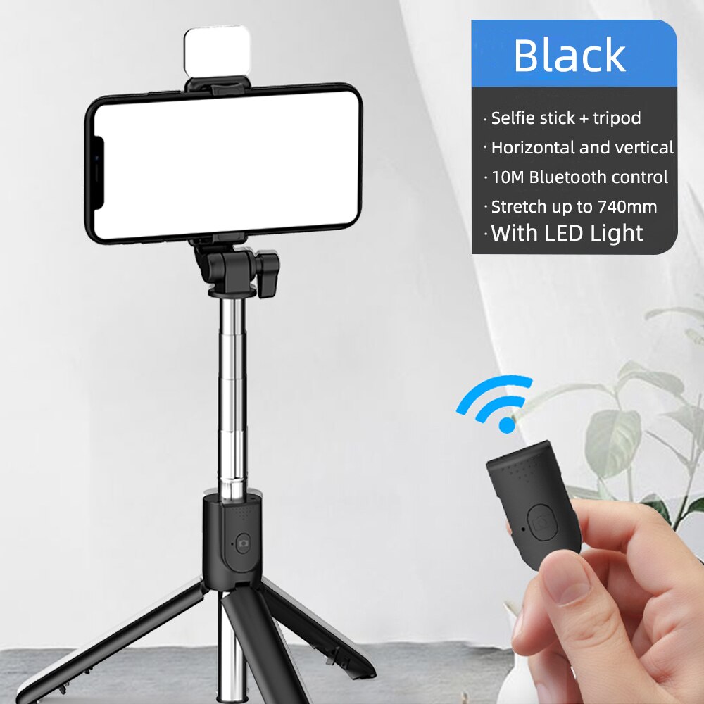 Wireless bluetooth selfie stick foldable mini tripod with fill light shutter remote control Self-Timer Rod Stick: Black with led