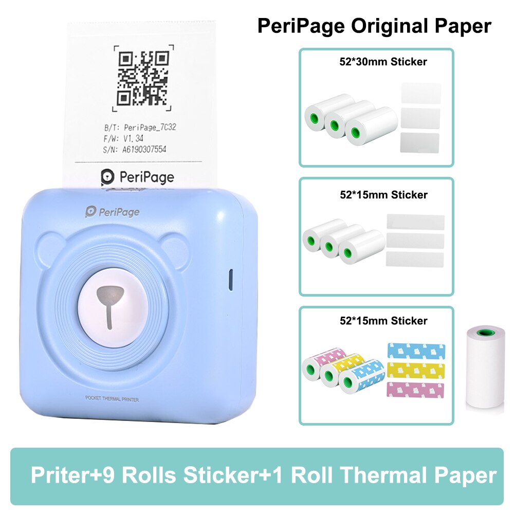 PeriPage A6 203DPI Pocket Thermal Printer Wireless All-in-One Printer BT Picture Label Receipt Paper Printer AR Photo Function: BL-10 papers