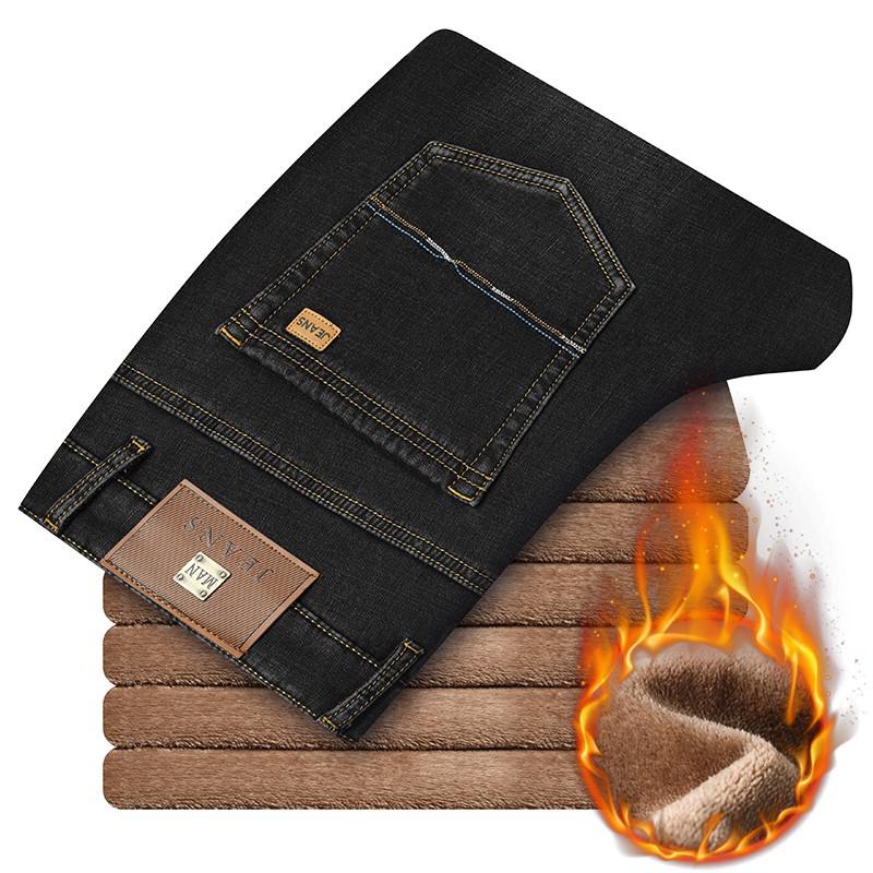 Jean extensible en flanelle thermique pour homme, pantalon droit en polaire, coupe droite, collection automne et hiver: Noir / 33