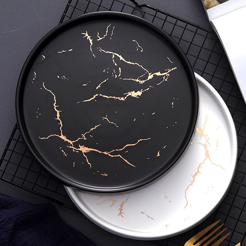 Ensemble de couverts en porcelaine, plat céramique marbre or 20Cm Table de cuisine assiette à Steak Dessert décorative européenne