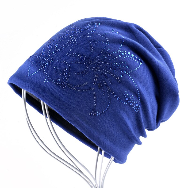 Female Beanie Bonnet Autumn And Winter Caps Hip-hop Cap Flower Rhinestone Hats For Women Beanies: Blue