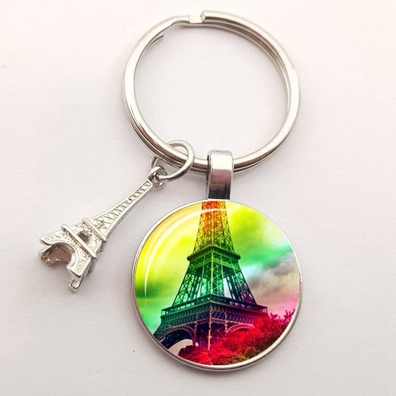 Romantic Paris Eiffel Tower Key Chains Art Lady Wander Drawing Glass Pendant Cute Keychain Keyring Women Bag Jewelry: Silver-42