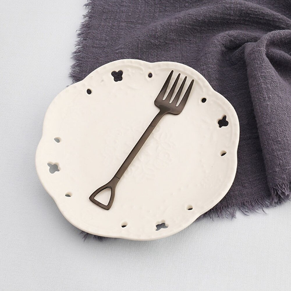 Kitchen Stainless Steel Dessert Shovel Spoon and Fork Picnic Travel Cute Ice Cream Spoon Fruit Fork Set: Fork(black )