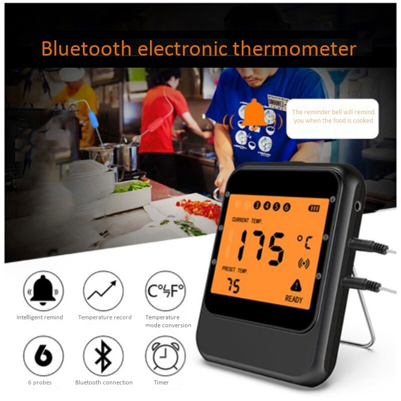 100M Wireless Remote 6 Probe Digital Oven Kitchen Food Thermometer