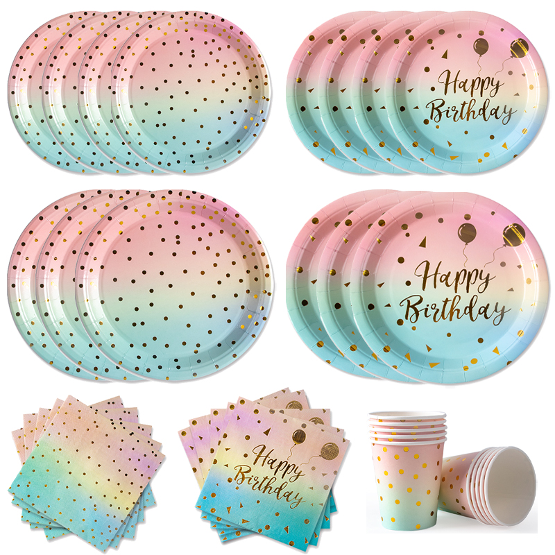 Pastelowa tęczowa impreza urodzinowa jednorazowa zastawa stołowa złota kropka tęczowy gradientowy papierowy talerz kubek serwetka urodziny materiały ślubne