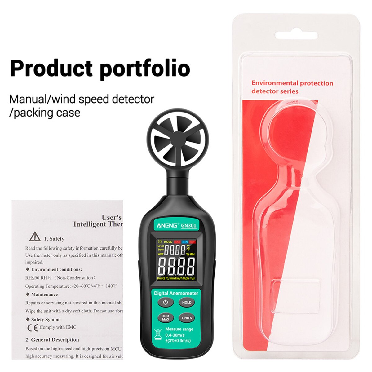 1PC Digital Anemometer 0-30m/S Wind Speed Meter Temperature Tester Anemometer With LCD Display